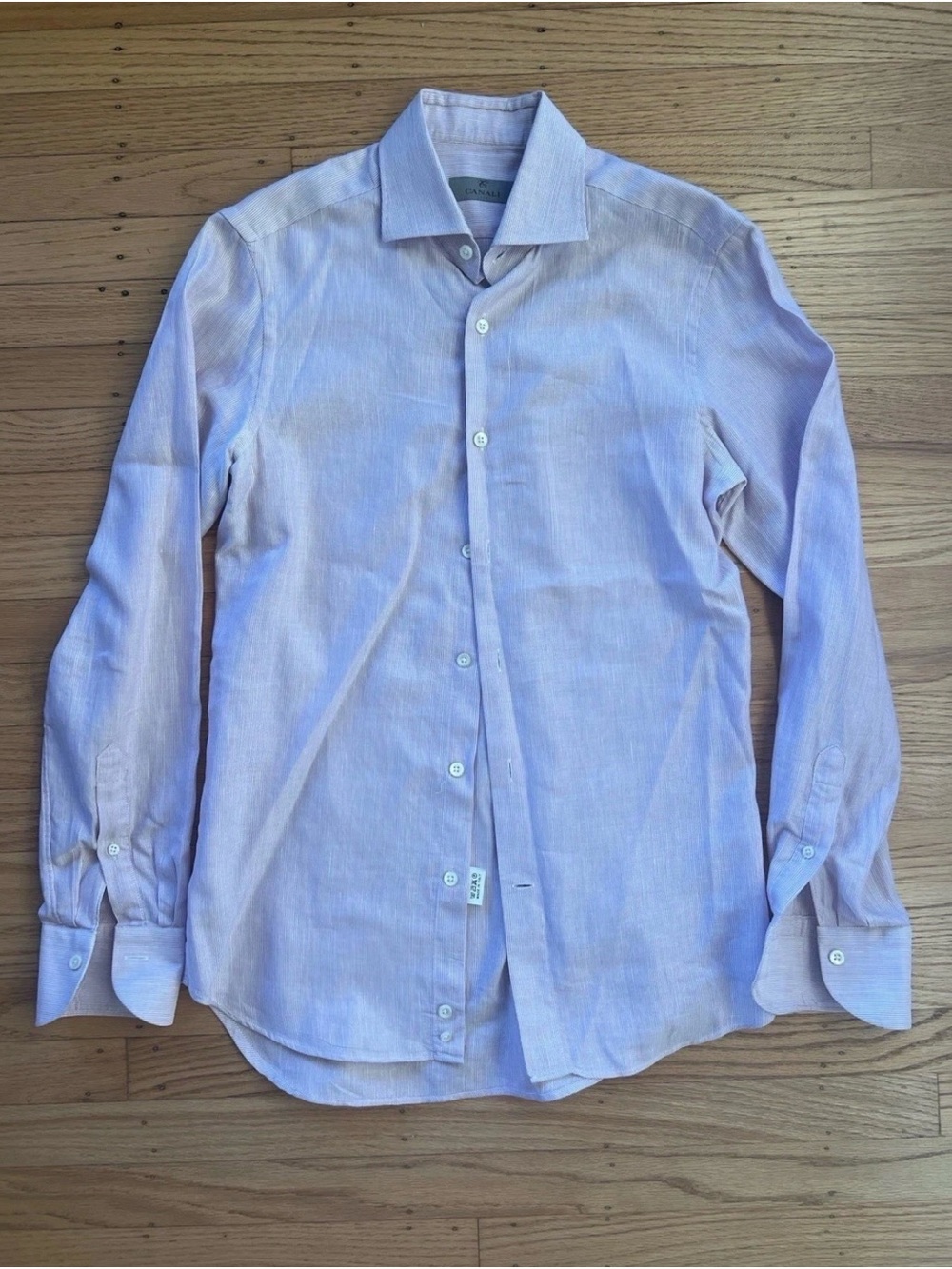 Canali Made in Italy Linen Blend Dress Shirt 38/15 White Pink Stripe Luxury